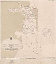Карта северной части залива Астролябия около Порта Алексей[нем.][6](нем. Alexishafen), составленная во время пребывания российского корвета «Скобелев», 1883 год