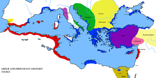 The Mediterranean c. 6th century BC: Phoenician settlements in red, Greek areas in blue, and other territories as marked. Ancient colonies.PNG