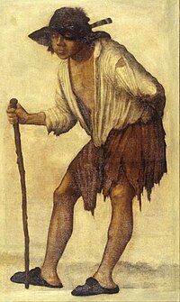 This is a painting of a beggar. He is a Caucasian man with brown hair. He is wearing raggedy historical clothing and he has a walking stick. He is also wearing a hat with a big hole in it, and he is looking through the hole.