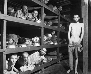 Prisonniers du camp de Buchenwald lors de la libération par le 20e corps de l'armée américaine, le 16 avril 1945. On aperçoit Max Hamburger au 4e rang en bas et Elie Wiesel au 7e rang juste au-dessus. (définition réelle 2 699 × 2 190)