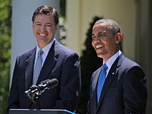 President Barack Obama (right) and James Comey (left) in the White House Rose Garden, Washington, D.C., June 21, 2013, as Obama announced Comey's nomination as FBI Director Comey Nominated.jpg