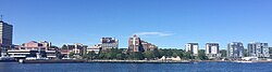 Downtown Dartmouth skyline from the Halifax ferry, showing the ferry terminal, the World Peace Pavilion, and the new King's Wharf development.
