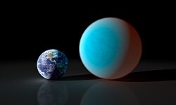 かに座55番星eと地球との直径の比較。