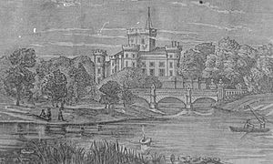 The castle and bridge in 1815. Three arches and a lake are depicted.