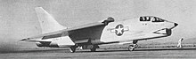 F8U-1 Crusader BuNo 141435 and Commander "Duke" Windsor depart China Lake for a successful speed record attempt, 21 August 1956. F8U-1 Thompson Trophy NAN10-56.jpg