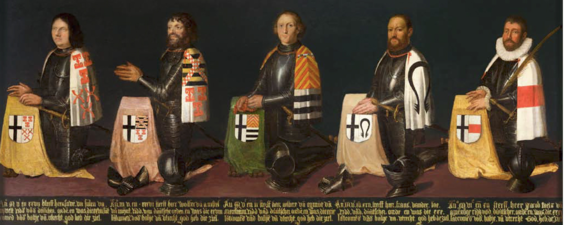 Cinco comandantes da terra do Bailivique de Utreque; Jacob Taets van Amerongen na extrema direita (ca. 1576–1580)