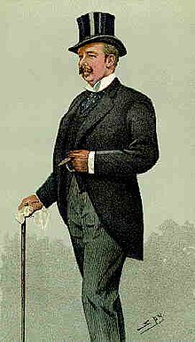 Colored drawing of an elegant man dressed in a 19th-century suit with a top hat, high white collar, black tie and brown gloves, holding a cigar in his left hand and a handkerchief and walking stick in his right, facing 3/4 to his right