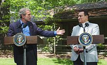 During November 2010, former U.S. President George W. Bush (here with the former President of Egypt Hosni Mubarak at Camp David in 2002) wrote in his memoir Decision Points that Mubarak endorsed the administration's position that Iraq had WMDs before the war with the country, but kept it private for fear of "inciting the Arab street" Hosni Mubarak with George W. Bush.jpg