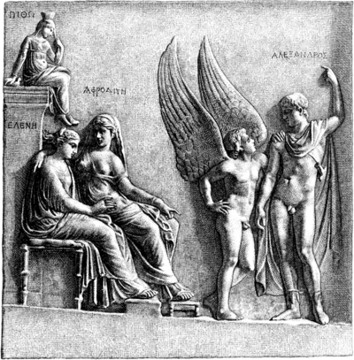 Afgebeeld:Helena door Afrodite, en Alexandros door Eros overreed.