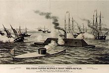 Print: First Battle of Iron Ships of War, lithograph by Henry Bill (1862)