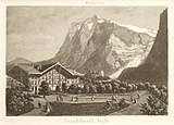Das Hotel «zum schwarzen Adler» mit Wetterhorn und Oberem Grindelwaldgletscher um 1870. Radierung von Heinrich Müller