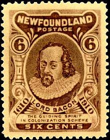 A Newfoundland stamp which reads "Lord Bacon - the guiding spirit in colonization scheme" Lord Bacon - the guiding spirit of colonization scheme.jpg