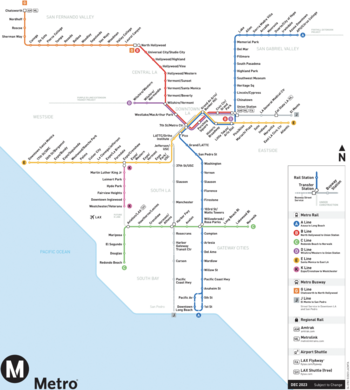 A map of the seven train lines (Metro Rail) and two rapid bus lines (Metro Liner) in the Los Angeles County Metropolitan Transportation Authority system. There are a red line and a purple line going from east to west in the upper part of the map and a gold line in the northeast corner. There is a blue line going from north to south in the middle of the map, a pink line in the southwest corner, and a green line going from east to west near the bottom.
