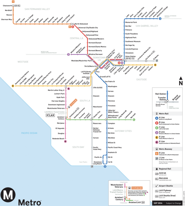 A map of the six train lines (Metro Rail) and two rapid bus lines (Metro Liner) in the Los Angeles County Metropolitan Transportation Authority system. There are a red line and a purple line going from east to west in the upper part of the map and a gold line in the northeast corner. There is a blue line going from north to south in the middle of the map, a pink line in the southwest corner, and a green line going from east to west near the bottom.