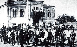 Johann Coronini-Cronberg and his troops in front of the Meitani House in Bucharest Ludwig Angerer - Coronini and his troops in front of the Meitani House.jpeg