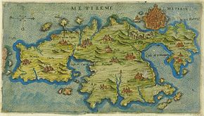 Map of Lesbos by Giacomo Franco [es] (1597). The lagoon near Kalloni (labelled "Calona") where Aristotle studied marine zoology is in the centre of the island. Metileme by Giacomo Franco.jpg