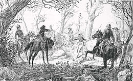 Gravure représentant le général Haxo, à pied, entouré de cavaliers vendéens.