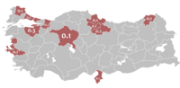 نسبة السكان الناطقين بالألبانية كلغتهم الأم حسب المحافظات في تركيا عام 1965.