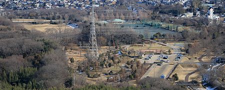 西側に隣接する木曽三川公園138タワーパークのツインアーチ138から見下ろす大野極楽寺公園の全景