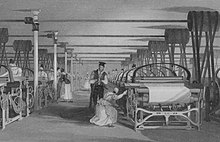 An 1835 illustration of a Roberts Loom weaving shed Powerloom weaving in 1835.jpg