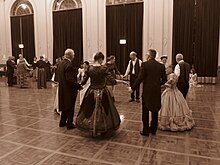 Five partner dance at a Colonial Ball in the Albert Hall Canberra (circa 2016) (sepia) Quadrille set five person set colonial ball at the Albert Hall.jpg