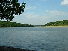 The River Hamble looking upstream towards Botley from Fosters Copse. Dock Copse can be seen on the left bank. Bloomfield Copse is on the right bank