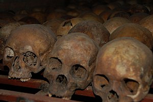 Skulls of victims from the Rwandan Genocide fo...