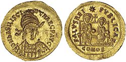 An coin bearing the image of Basiliscus on the obverse, and Basiliscus (left) with Marcus (right) on the reverse