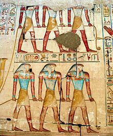 The souls of Pe and Nekhen towing the royal barge on a relief of Ramesses II's temple in Abydos Souls of Pe and Nekhen towing at Ramses' Temple in Abydos c.jpg