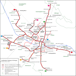 Netwerkkaart van de Tram van Freiburg im Breisgau