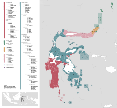 Sebuah peta yang menggambarkan persebaran bahasa-bahasa yang dituturkan di Sulawesi berdasarkan hasil riset Ethnologue