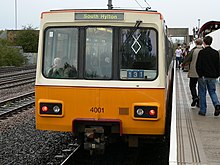 Train painted with cadmium orange Tyne and Wear Metro train 4001 at Pelaw 01.jpg