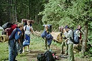 Varsity Scouts of the Boy Scouts of America preparing to hit the trail