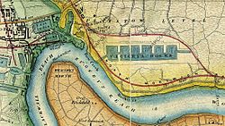 Kaart uit 1872. Ten noorden van de Victoria Docks ontwikkelde zich Canning Town