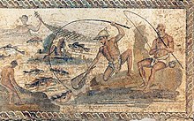 Villa of the Nile Mosaic, Lepcis Magna, Tripoli National Museum, circa 1st century CE. Villa of the Nile Mosaic fishermen.jpg