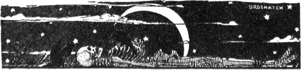 Drawing of a recumbent skeleton and a pair of ravens beneath a crescent moon.