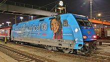 A DBAG Class 101 with UNICEF ads at Ingolstadt main railway station 101 016 DRI Ingolstadt.jpg