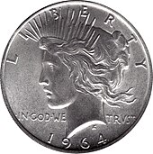 Pièce de monnaie comprenant le profil gauche d'une femme, les mots Liberty et In God we trsut et la date 1964.