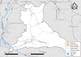 Carte en couleur présentant le réseau hydrographique de la commune