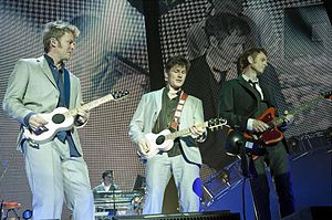a-ha in concert at Palacio Vistalegre, Madrid, Spain, in 2010 (left to right: Magne Furuholmen, Morten Harket, Paul Waaktaar-Savoy)