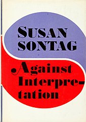 das leicht vergilbte erste Cover von „Against Interpretation“ mit lila-orange-farbenem Artwork, 1966
