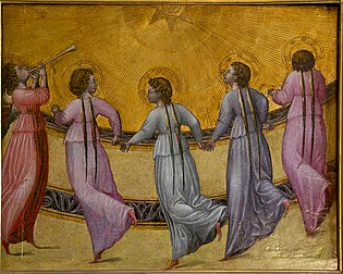 Cinq anges dansant sous le soleil, huile et dorure sur panneau de Giovanni di Paolo (musée Condé, à Chantilly). (définition réelle 2 516 × 2 010)