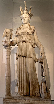 Roman statuette of Athena, copy of the Phidias statue, created for the Parthenon in 447 BC, National Archaeological Museum, Athens Athena Varvakeion - MANA - Fidias.jpg