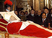 Pope John Paul II lying in a coffin