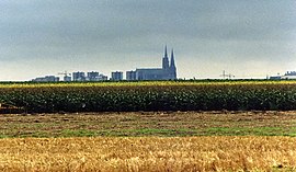 Distant view of Chartres and its cathedral