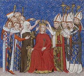 Jeanne de Bourbon lors de son couronnement, tenant dans la main droite le sceptre de Dagobert et dans la gauche le sceptre à la Rose (enluminure - 1364).