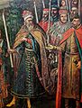 Детаљ са слике Пренос моштију Светог Павла Тивејског из Венеције у Будим 1381. године из радионице Томаза Долабеле рађена по наруџбини Томаша Замојског око 1630. године, на којој је приказан Лајош у пољској ношњи из XVII века.
