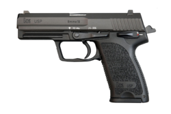 Heckler & Koch USP (9 mm) is the standard issue pistol for the Spanish Army. First-year H&K USP 9mm (32415150000) modified.png