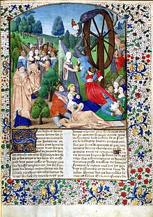 Goddesses Fortuna in a Boccaccio manuscript (14th century) Fortune wheel (15c., French).jpg