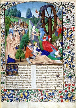 Illustration de De casibus virorum illustrium de Boccace, montrant la Fortune qui tourne la roue.
